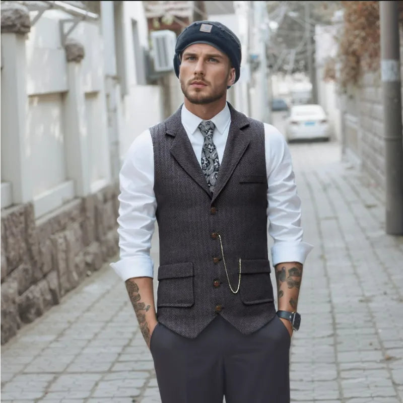 Man Suit Vest British Style Turn Down Collar Male Waistcoat Vintage Single-breasted Business Casual Men Coat Vest