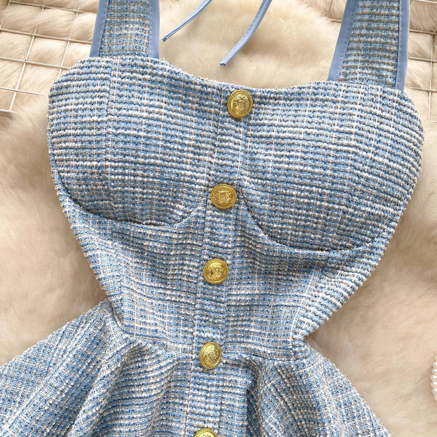 American Summer Women Camisole Halter Buttons Y2K Solid Slim Fit Tops Fashion Chic Tweed Design Hotsweet Tank Top