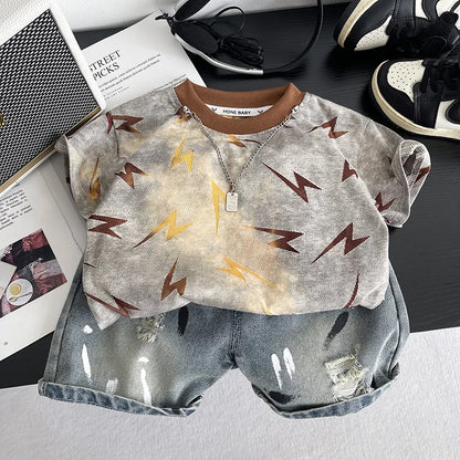 Children Handsome Suit Casual Clothes Summer New Zaidan Lightning T-shirt with Necklace+ Ripped Jeans 2Pcs/set Infant Tracksuits