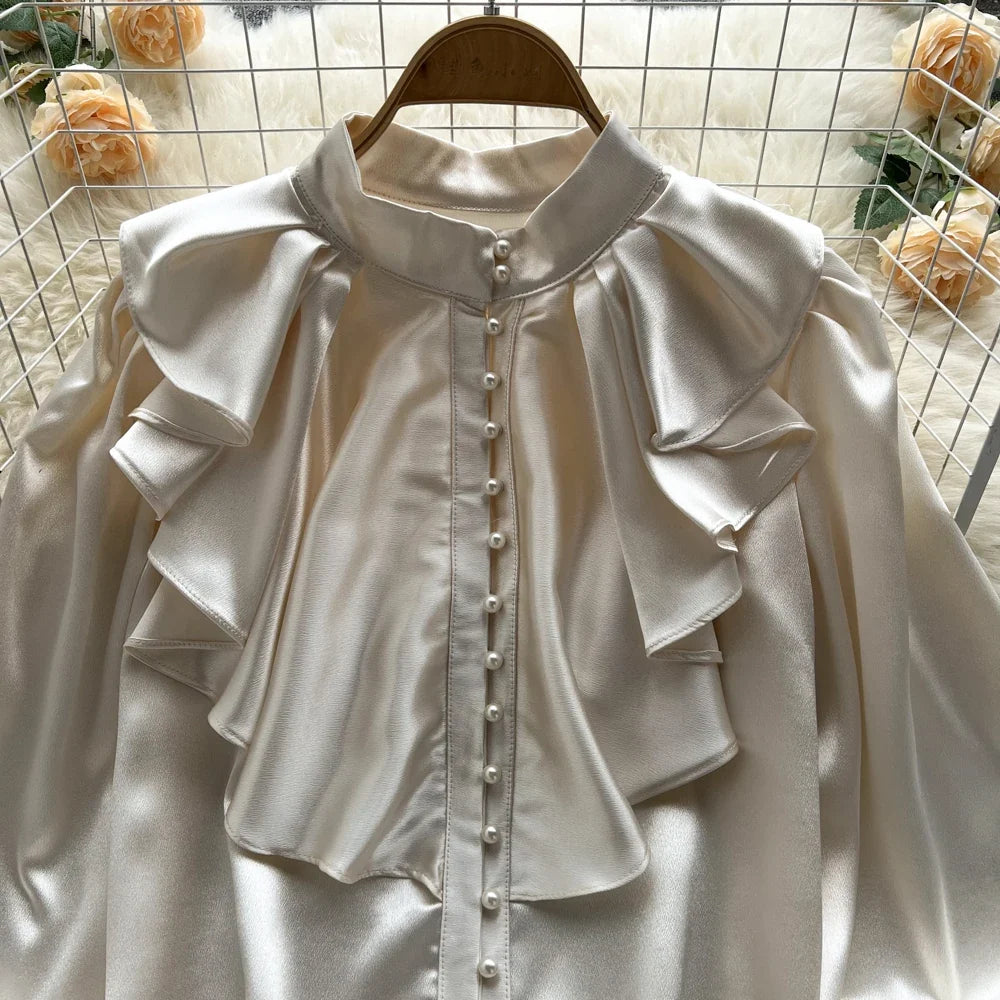 High Quality Satin Loose Shirt Long Flared Sleeves Ruffles O Neck Beading  Women Gentle Office Lady Casual Blouse