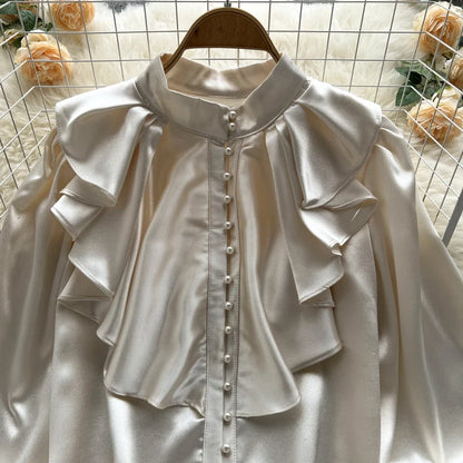 High Quality Satin Loose Shirt Long Flared Sleeves Ruffles O Neck Beading  Women Gentle Office Lady Casual Blouse