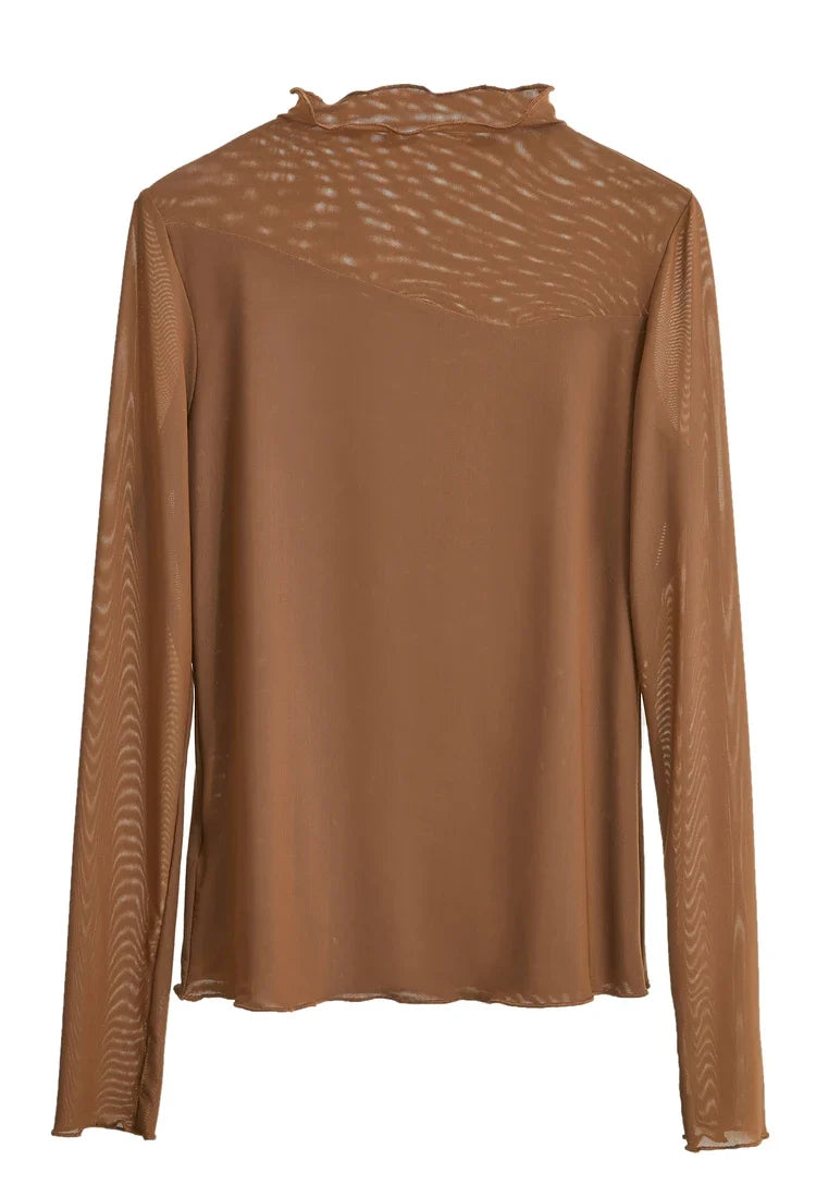 Minimalism Mesh T-shirts For Women 2025 Autumn New Office Lady Half-high Neck Micro Perspective Slim Retro Shirt 12423055
