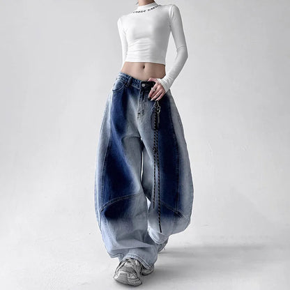 Korean Retro Gradient Jeans For Women Straight Leg Pants Wide Leg Casual Pants Blue Jeans Y2k Pants Baggy Without Pendant