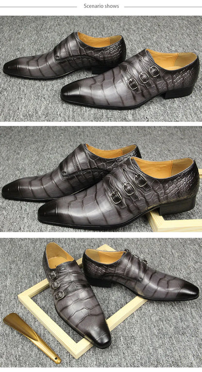 Fashion Business Men Leather Shoes Crocodile Print Wedding Party Office High Grade Genuine Leather Shoes Grey Pointed Toe Loafer