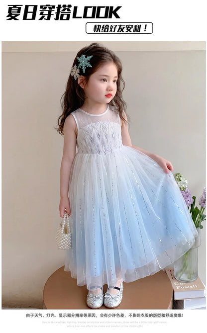Elsa Princess Dress w/ Cape 2026 New Summer Frozen Cosplay Dresses for Little Girls Birthday Party Sleeveless Mesh Evening Dress