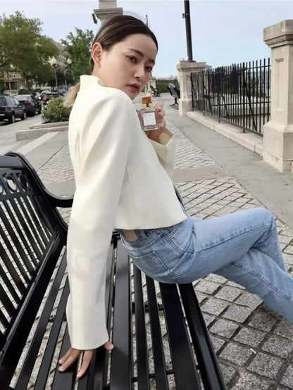 2025 autumn winter new professional women's simple fashion white short commuting zhongshan collar suit jacket