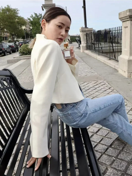 2025 autumn winter new professional women's simple fashion white short commuting zhongshan collar suit jacket