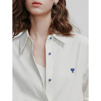 Women Blouse Shirt 2025 Spring New Love Embroidered Simple and Versatile Solid Color Pure Cotton Shirt Tops