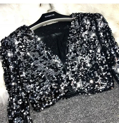 Street Fashion Joker Short Edition Sequins Small Suit Sparkling Bead Piece Suit Small Jacket Tank Top Jazz Dance Performance