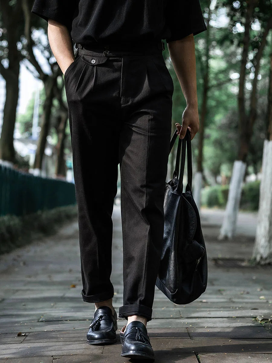 Four Seasons Commuter Italian Vintage Neapolitan Paris Button Casual Pants Cotton Loose Straight Leg Trousers
