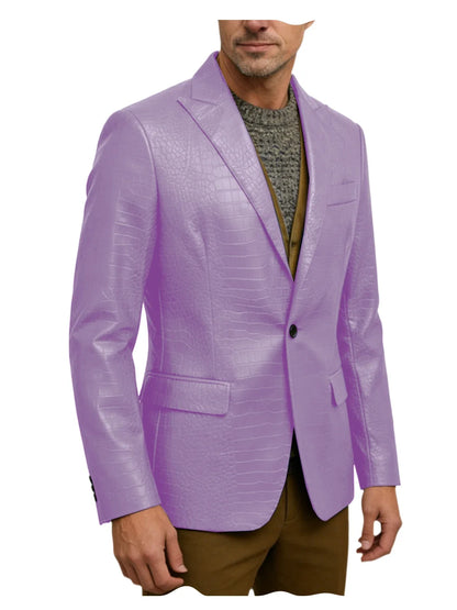 Vintage Men's Crocodile Embossed Leather Blazer Notch Lapel 1 Button Jacket Business Casual Formal Luxury Coat With Flap Pockets