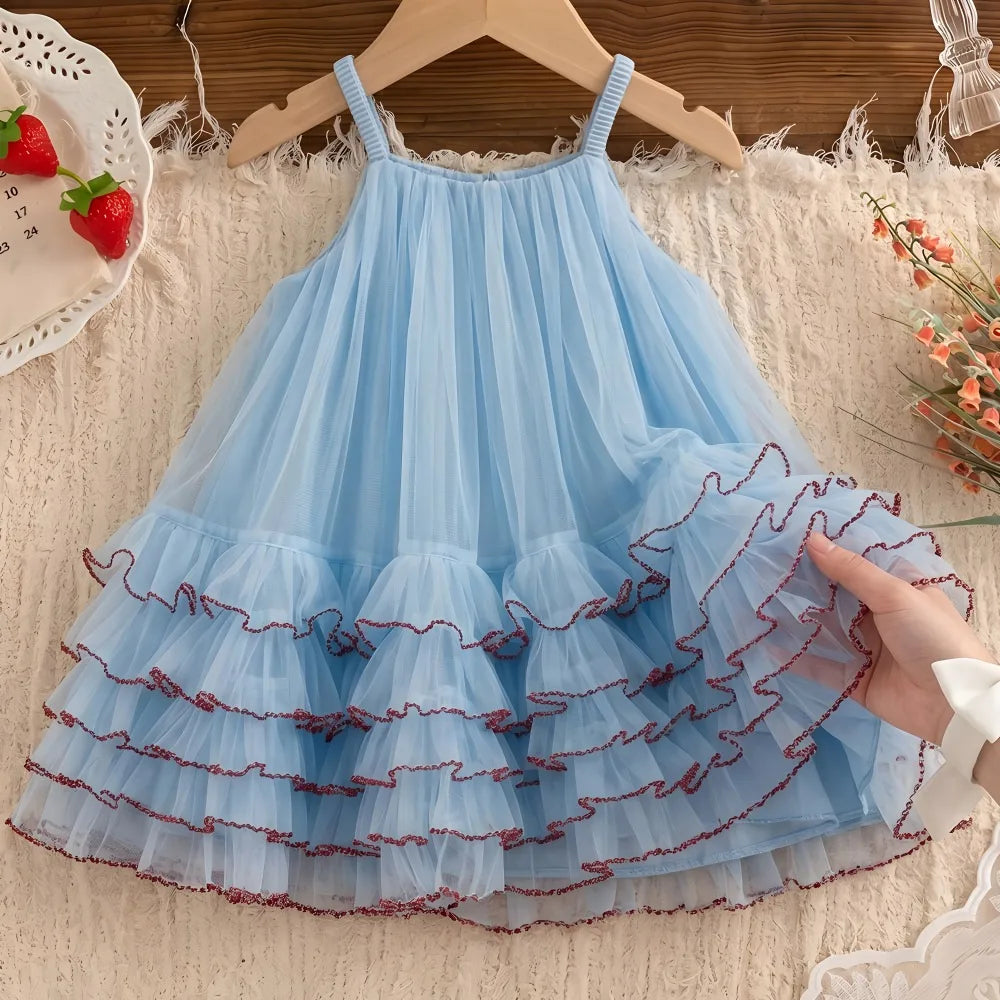 Princess Dress for Kids 1-8 Years Summer Sky Blue Cake Dress for Girls Formal Dresses Birthday Hosting Party Beach Vacation New