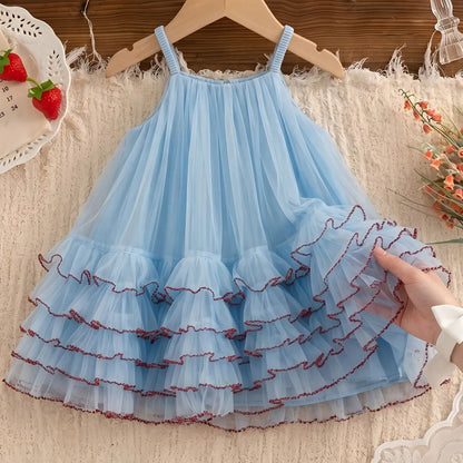 Princess Dress for Kids 1-8 Years Summer Sky Blue Cake Dress for Girls Formal Dresses Birthday Hosting Party Beach Vacation New