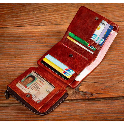 Men's Hand-Rubbed Genuine Leather Short Wallet Top-Grain Vegetable-Tanned Zipper Wallet with Driver's License Card Holder
