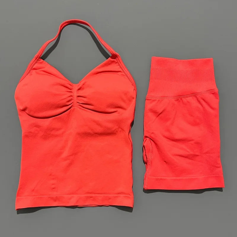 2 Piece Sports Set Women Seamless Yoga Tank With Removable Pads Top Scrunch Butt Workout Leggings Suit Gym Sports Sets