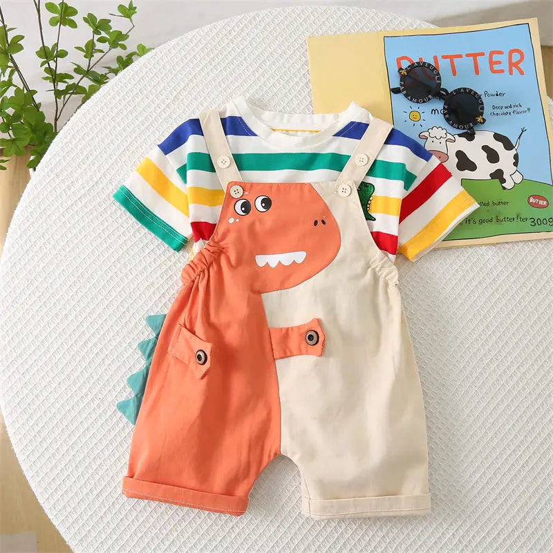 Summer Kids Boys Clothing Toddler Fashion Rainbow Clothes T Shirt Cartoon Dinosaur Bib Pants 2Pcs/Set Children Costume Suit