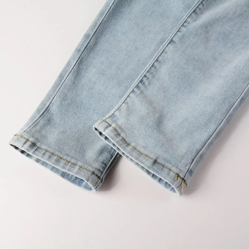 High Street Jeans Patch Hand-worn Holes Slim Skinny Jeans for Men