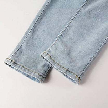 High Street Jeans Patch Hand-worn Holes Slim Skinny Jeans for Men