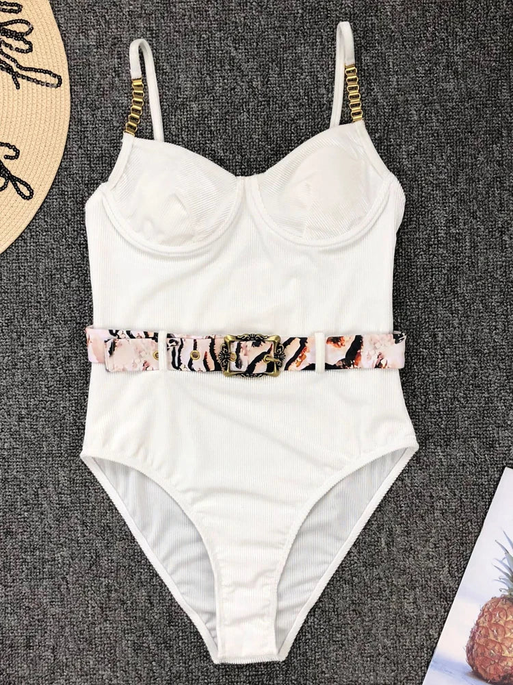 Sexy Push Up Underwire Swimwear Women Solid White Black Padded Buckle One Piece Swimsuit Beach Bathing Suit Bodysuit Monokini