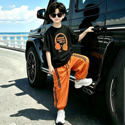 Street Style Children Luxury Summer Outfit Top And Bottom Set for Teen Boys T-shirt Pants Suit Kids Fashion Streetwear Clothes