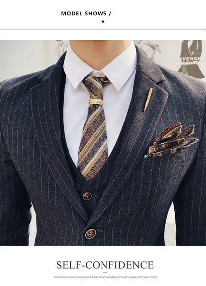 (Blazer+Vest+Pants) 2024 New Striped  Wedding Suits  for Men Three Piece Business Casual Party Multi-Occasion Slim Dress