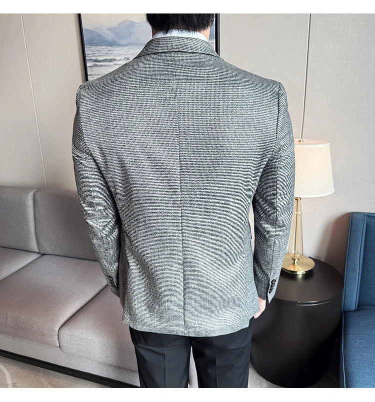 Bright Silk Thousand Bird Grid Suit Jacket Korean-style Business Fashion Slim Fit Single Breasted Men Social Party Dress Coats