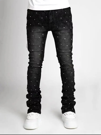 Blue Stretchy Pearls Skinny Jeans For Men 2024 New Fashion Fashion Rhinestone European Street Personality Stacked Denim Pants
