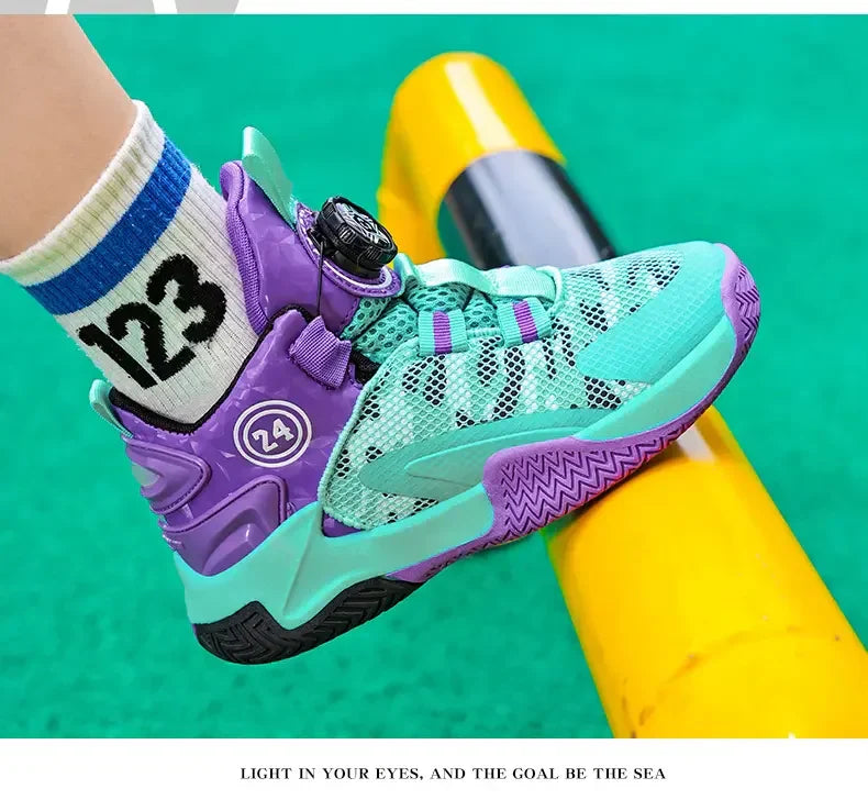 Boys Girls Quick Twist Lace Basketball Shoes Wear Resistant Comfortable Outdoor Athletic Footwear