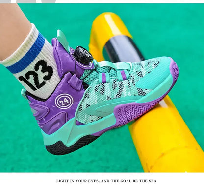 Boys Girls Quick Twist Lace Basketball Shoes Wear Resistant Comfortable Outdoor Athletic Footwear