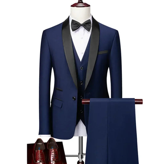 US Size Men Lapel Black Collar 3 Pcs Suit Set Coat Vest Trousers / Business Groom Wedding Dress Fprmal Blazer Pants Waistcoat