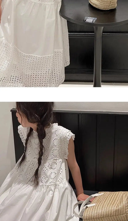 Cotton Medium To Large Children's Clothing Lace White Dress Girls' Princess Little Fresh Vest Dress 2025 Summer New Style