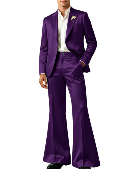 Luxury Men's Shiny Satin Suit 2 Piece Notch Lapel 1 button Jacket Wide Leg Flared Pants Wedding Groom Tuxedo Formal Party