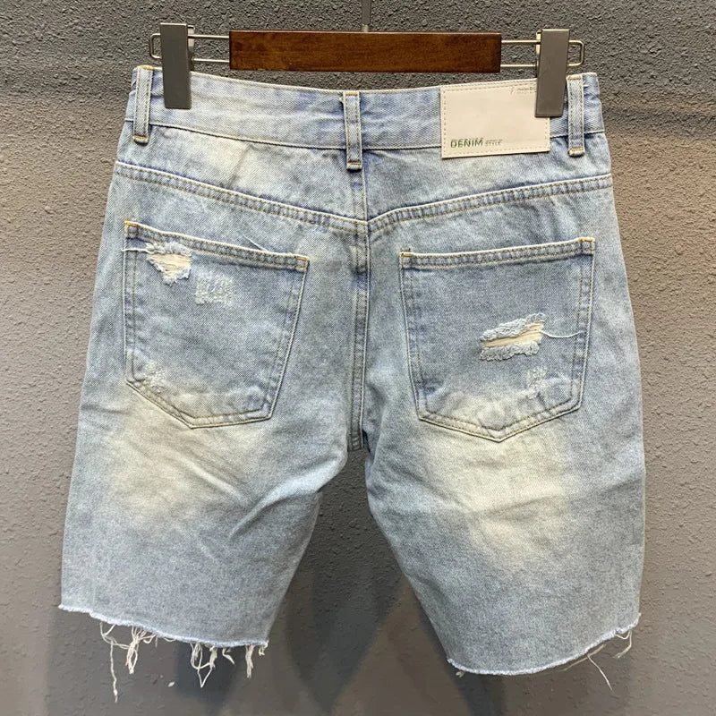 Men's Denim Shorts With Trendy Holes Rough Edges Light Blue Cropped Shorts Spring and Summer Youth