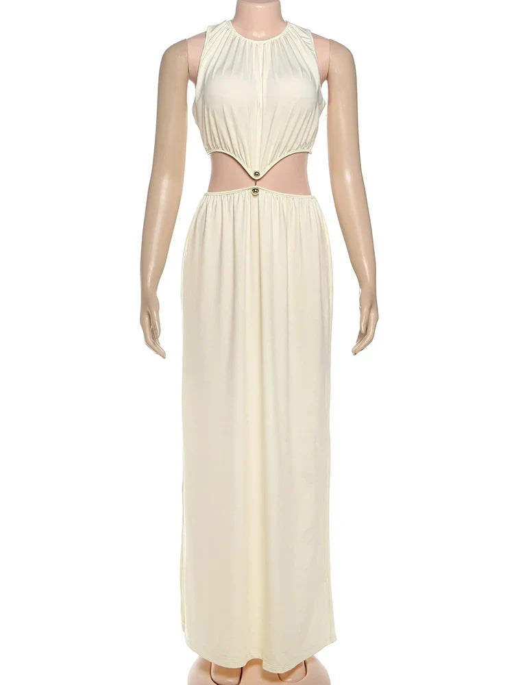 Metal Patchwork Waistless Long Dresses Women o-Neck Sleeveless Summer Vacation Y2K Style Ruched Elegant Vestidos