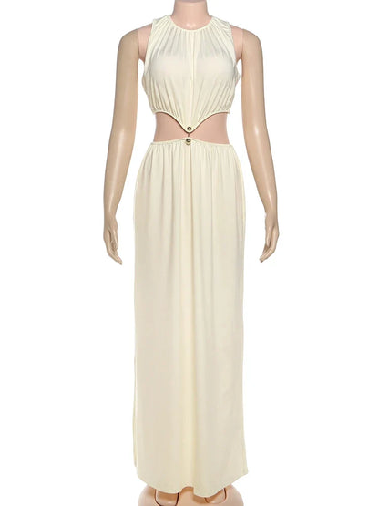 Metal Patchwork Waistless Long Dresses Women o-Neck Sleeveless Summer Vacation Y2K Style Ruched Elegant Vestidos