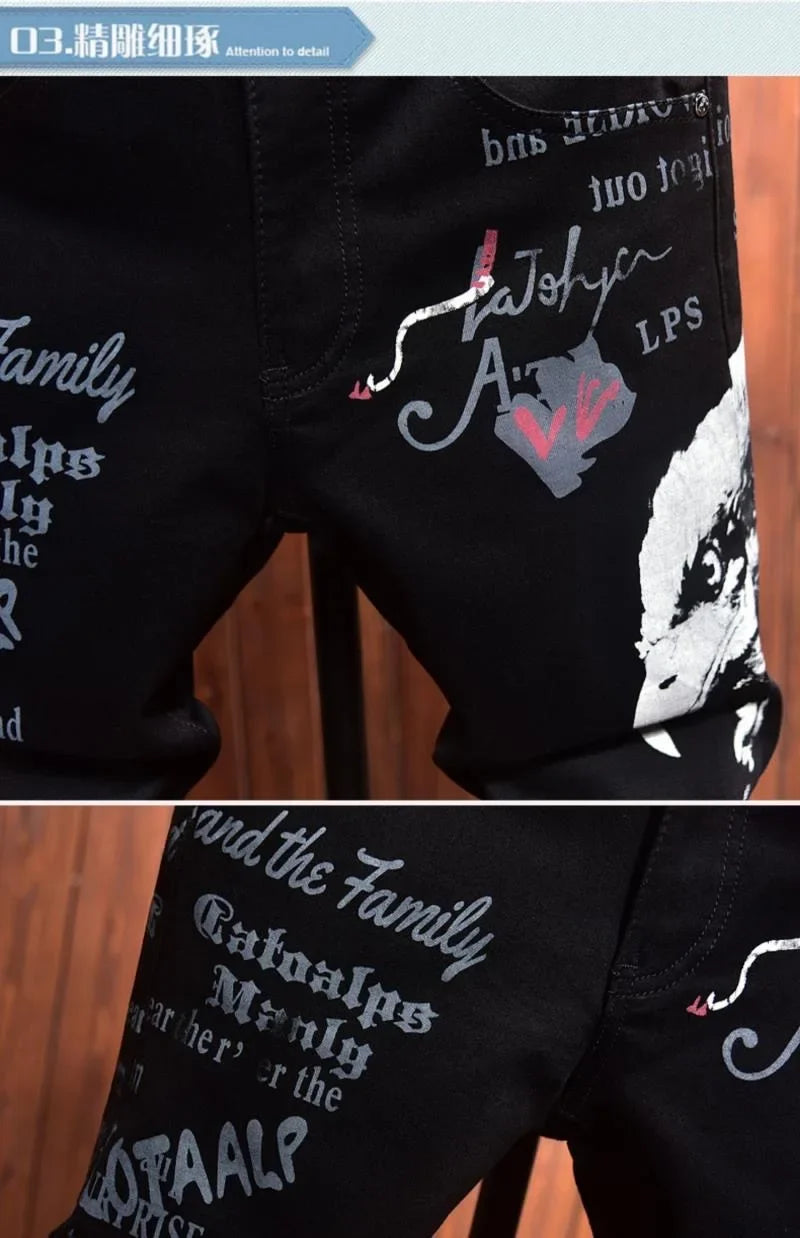 2025 Spring and Autumn New Fashion Trend Printed Black Straight Leg Jeans Men's Casual Comfort Breathable High Quality Pants