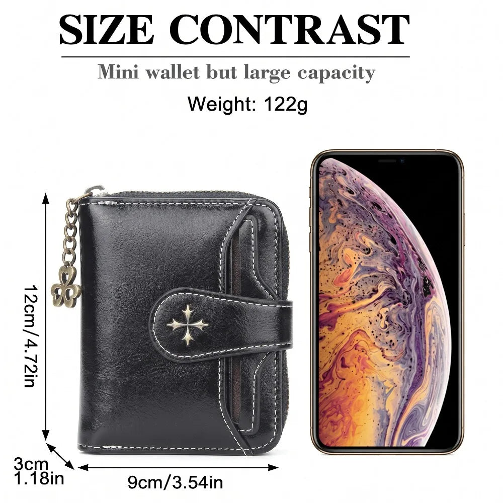 Blocking Oil Wax Leather Women Mini Wallet Multi Card Clover Zipper Coin Purse Portable Ladies Purse Office Travel Daily
