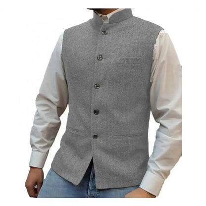 Plus Size Men's Herringbone Vest Standing Collar Woolen Blended Vest Best Mens Clothing Business Banquet Home Casual Waistcoat