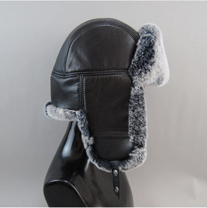 Winter Russian Man Woman White Skin Natural Rex Rabbit Fur Hats Luxury Real Sheepskin Leather Cap Unisex Real Fur Bomber Hat