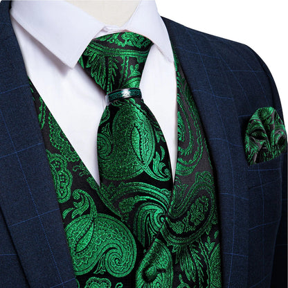 Luxury Green Paisley Solid Silk Suit Vest for Men Wedding Waistcoat Neck Tie Set Party Tuxedo Men Clothing DiBanGu