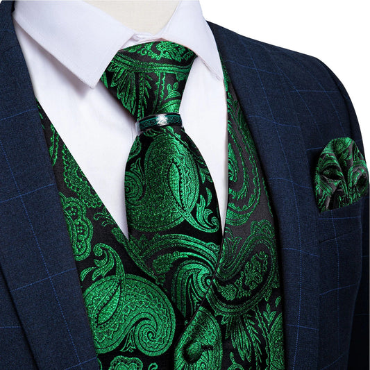 Luxury Green Paisley Solid Silk Suit Vest for Men Wedding Waistcoat Neck Tie Set Party Tuxedo Men Clothing DiBanGu