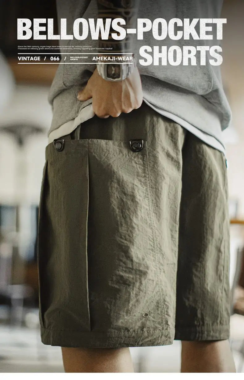 Casual Green Pocket Shorts Men's Summer Lightweight Woven Straight Leg Shorts Elastic Waist Retro Street Versatile Bottoms