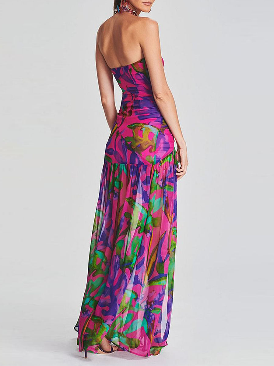 Women Tube Top Dress Slim Strapless Backless Mesh Patchwork Tropical Print High Slit Long Dress for Party Club Night