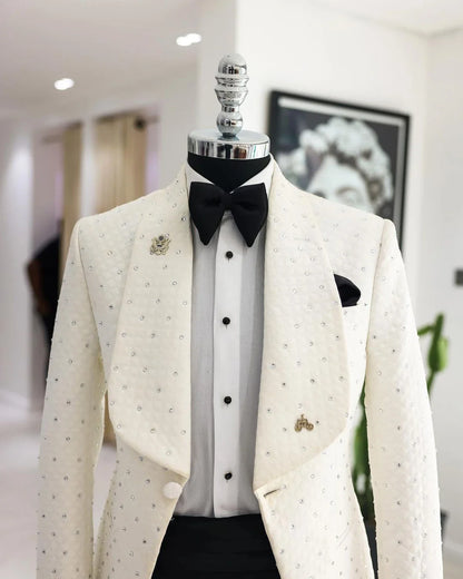 Men's Suit 2 Pieces White Blazer Black Pants One Button Wide Lapel Business Beads Formal Work Wear Wedding Groom Costume Homme