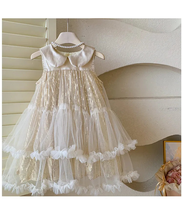 Sweet Baby Girls High-end 2026 New Summer Mesh Princess Sundress Kids Exquisite Sequin Doll Collar Tulle Ruffle Cake Formal Gown