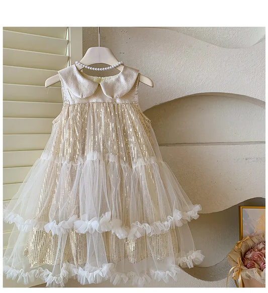 Sweet Baby Girls High-end 2026 New Summer Mesh Princess Sundress Kids Exquisite Sequin Doll Collar Tulle Ruffle Cake Formal Gown