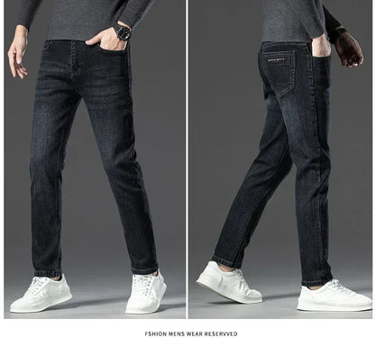 Men's Thicken Fleece Straight Jeans Winter Business Casual Stretch Denim Pants Warm Plush Brand Trousers Pans Male Classic