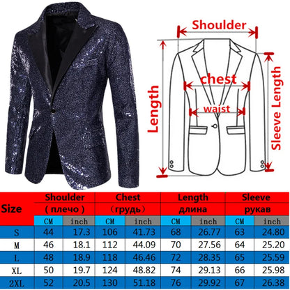2026 Men's Suit Jacket, Shiny Sequin Stage Performance Coat, White Silver Blue Red Purple Blazers V-neck Single Button S-XXL
