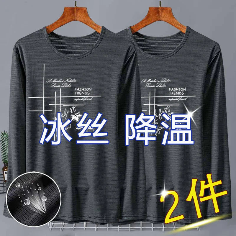 New 2025 Men's Ice Silk Breathable Sun Protection Hollow out Thin Long Sleeve Casual Sports T-Shirt Large Size Loose Fit