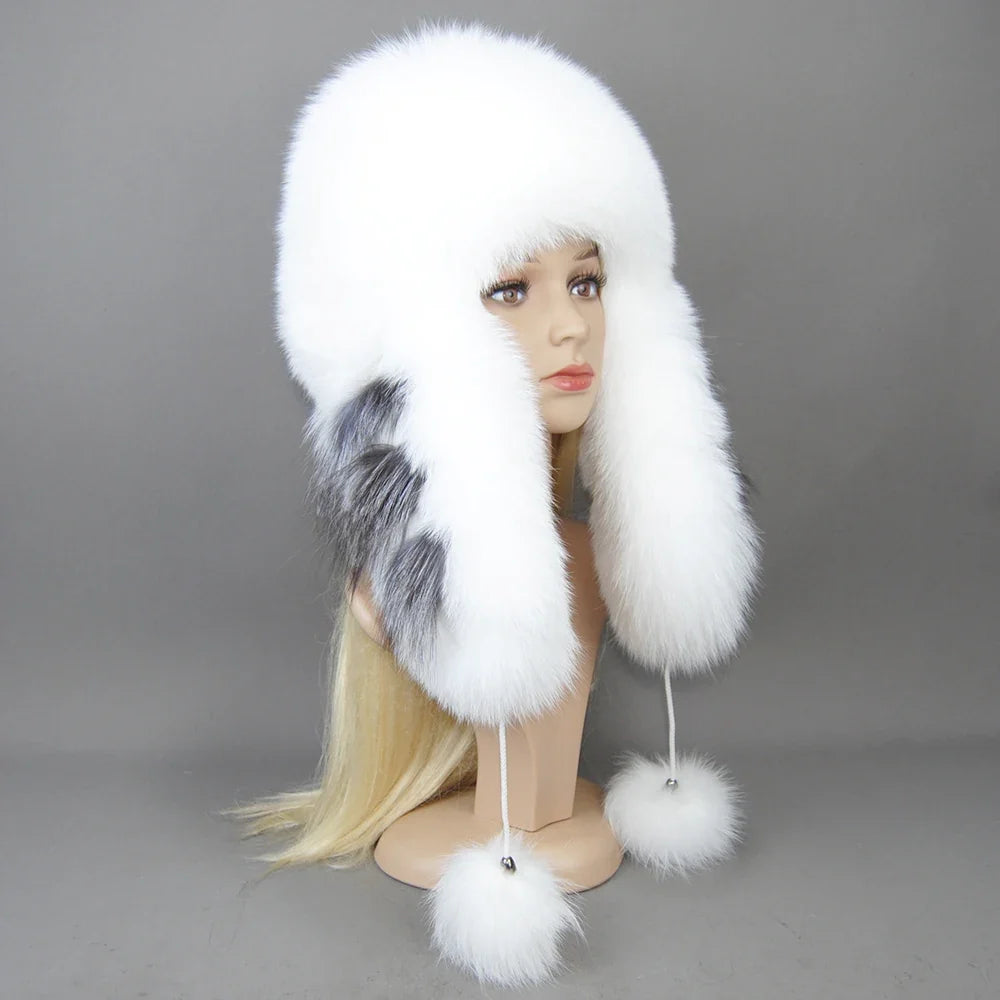 Hot Sale Lady Winter Warm Luxury 100% Natural Fox Fur Hat Fashion Fluffy Fox Fur Rex Rabbit Fur Caps Women Real Fur Bomber Hats